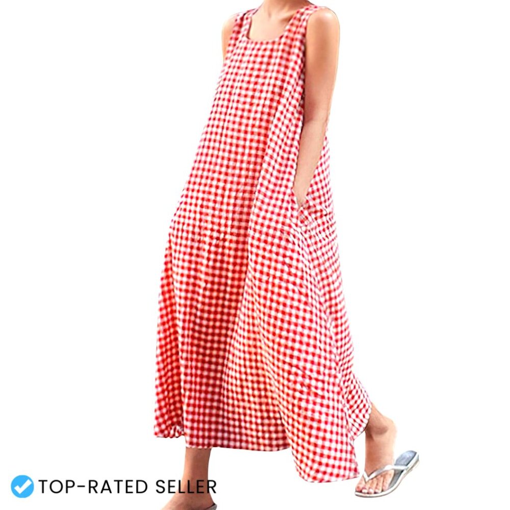 Cotton Plaid Maxi Dress Casual Loose Fit Boho Beach Sundress with Pockets